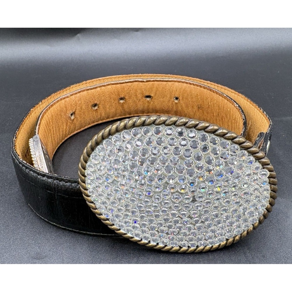 Vtg Al Beres Women's Belt Tres Flores Buckle Genuine Leather Black Croc Brass